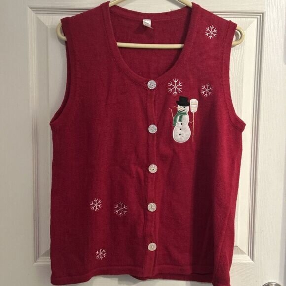 Sweaters - Holiday Christmas Snowman Sweater‎ Vest L/XL Red Cardigan